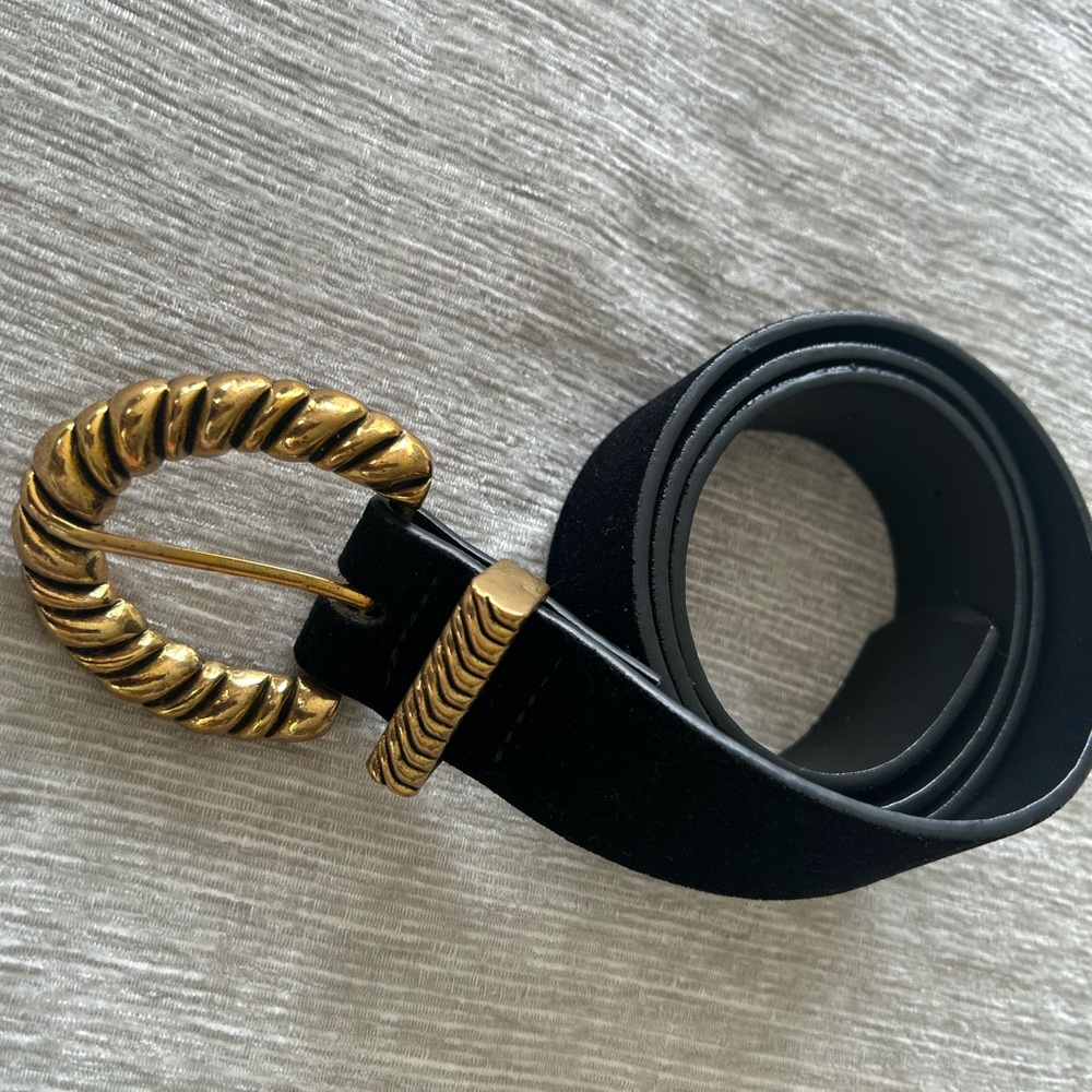 Unique Vintage Black Belt with Twisted Gold Buckle